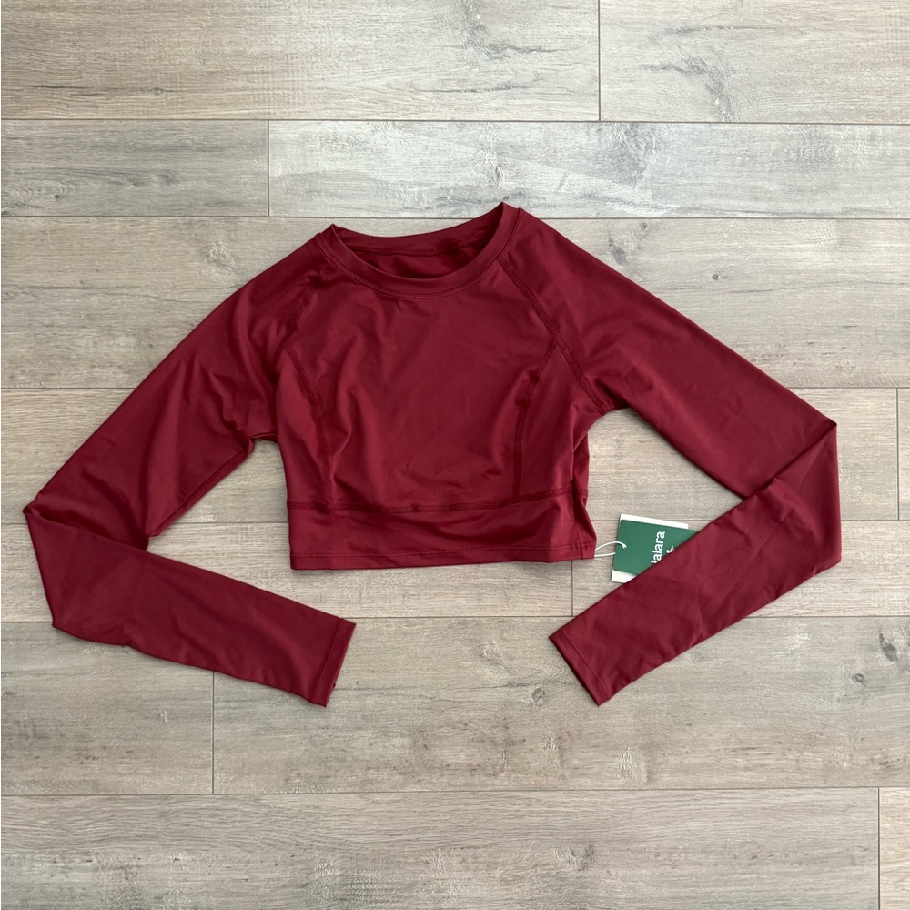 Burgundy Maroon Athletic Long Sleeve Crop Top
